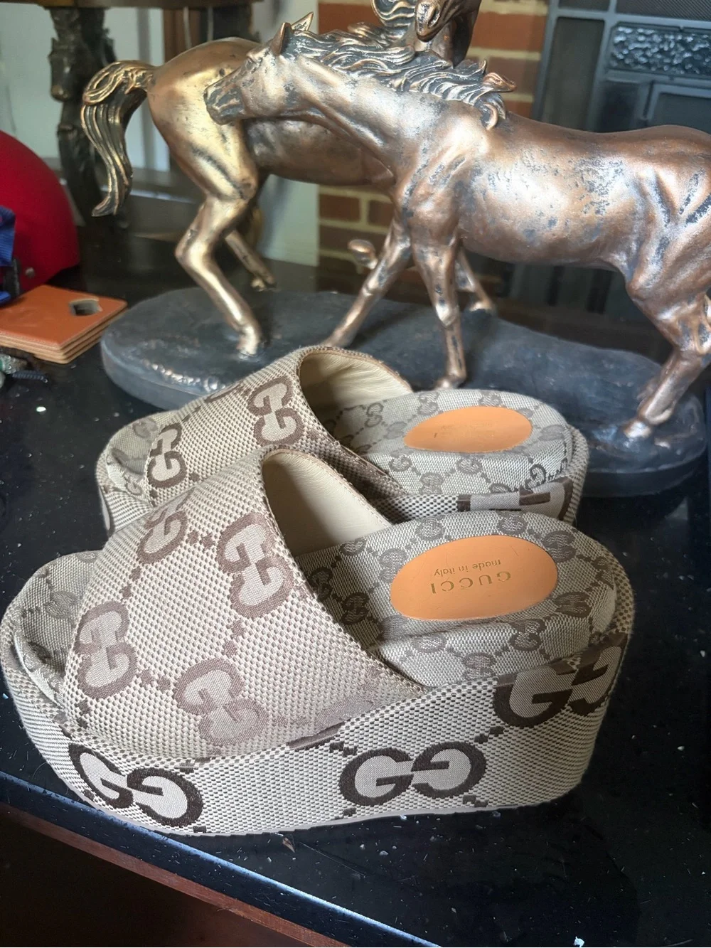 Gucci Brown & Beige Monogram Platform Slides - Picture 1 of 4